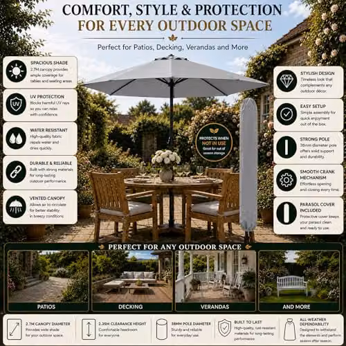 GlamHaus Garden Parasol Umbrella in Grey with UPF 40 Protection and Protective Cover – 3