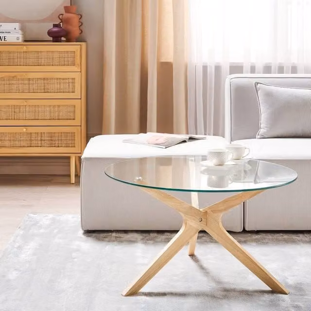 Wyld and Coco Round Coffee Table with Transparent Tempered Glass Top and Rubberwood Legs, Diameter: 80 cm