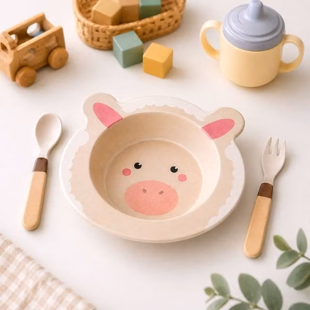 Marco Paul 3-Piece Bamboo Kids Dining Set with Feeding Bowl, Spoon and Fork in Beige