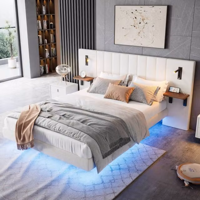 ModernLuxe White Velvet Upholstered King Bed with LED Lighting, USB Charging Ports and Storage Headboard W/D/H: 150 x 200 x 103 cm