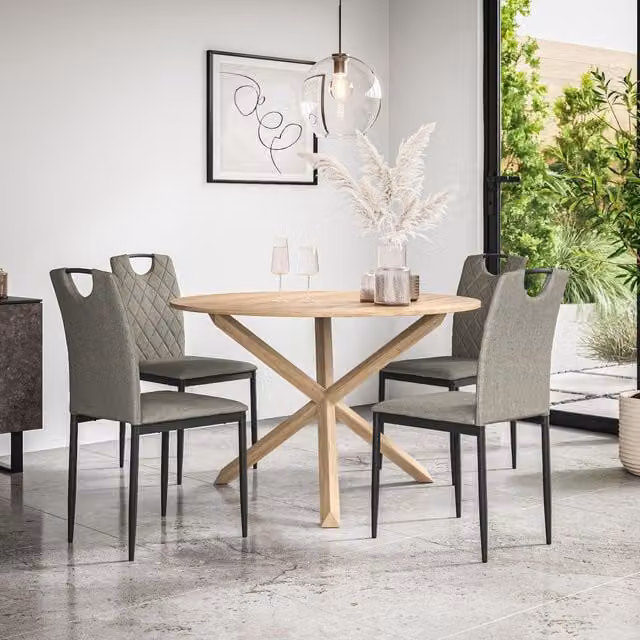 More4Homes Malvern Round Dining Table and Set of 4 Monza Fabric Chairs in Grey and Oak