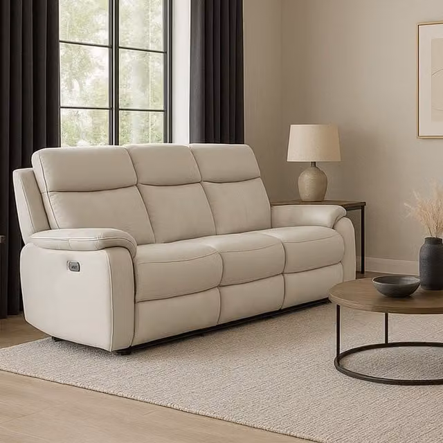Aspire Kingsmere 3 Seater Power Recliner Sofa in Light Grey Real Leather