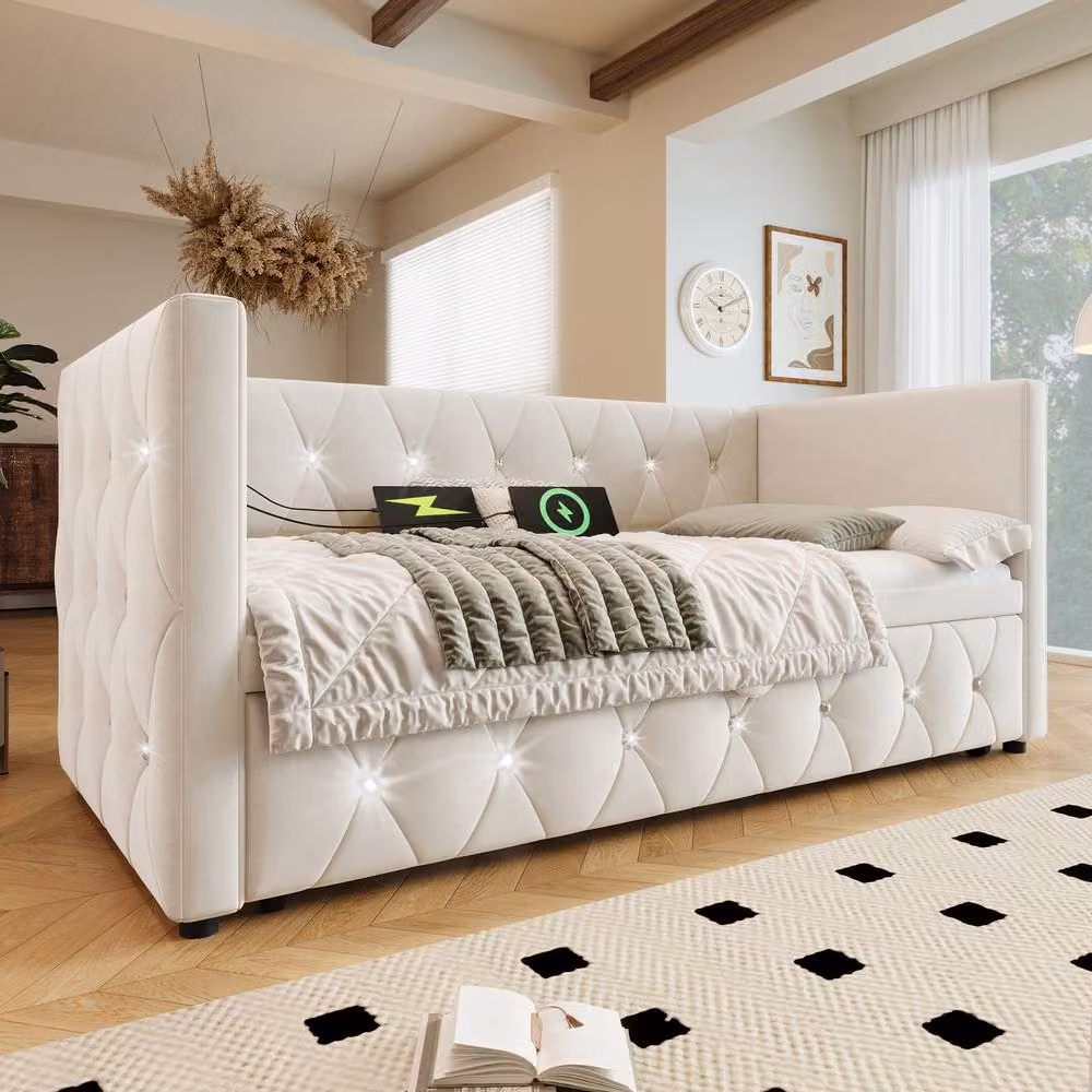 BTM Beige Velvet 3FT Daybed with Trundle and USB Charging Port, W/D/H: 190 x 90 x 76 cm – 2