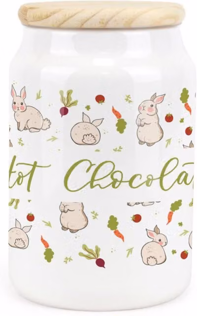 Purely Home Allotment Rabbits Ceramic Hot Chocolate Storage Canister in Green and White with Floral Design
