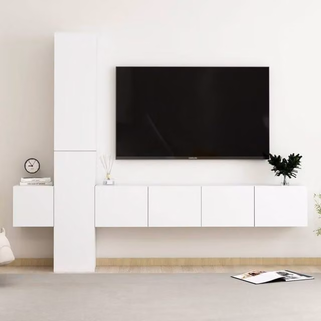 Berkfield Home 5 Piece Modern White Wall Mounted TV Cabinet Set in Matt MDF – 1