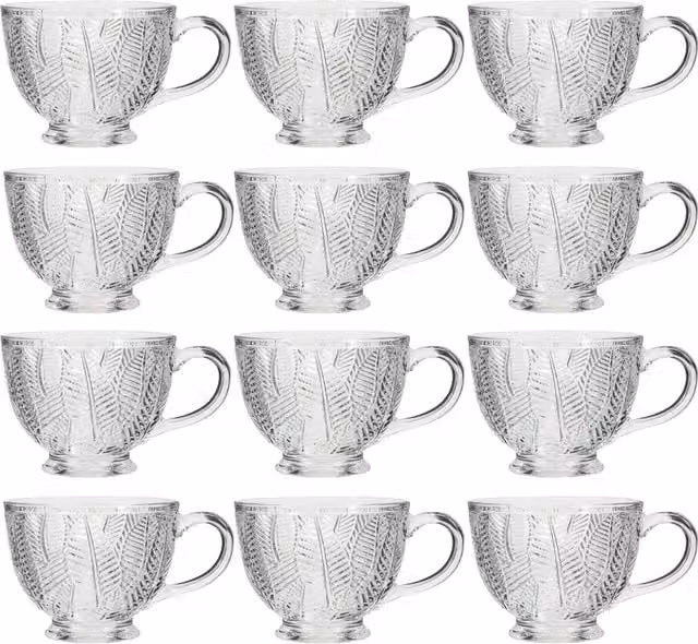 Dibor Set of 12 Vintage Embossed Botanical Glass Coffee Mugs and Tea Cups, 400ml, Clear Floral Design