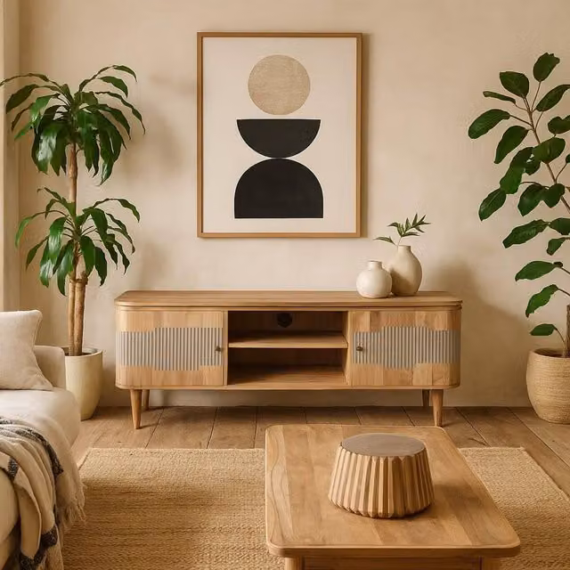 Wyld Haus Idaho Natural Acacia Wood and Brass Two Door TV Unit in Brown