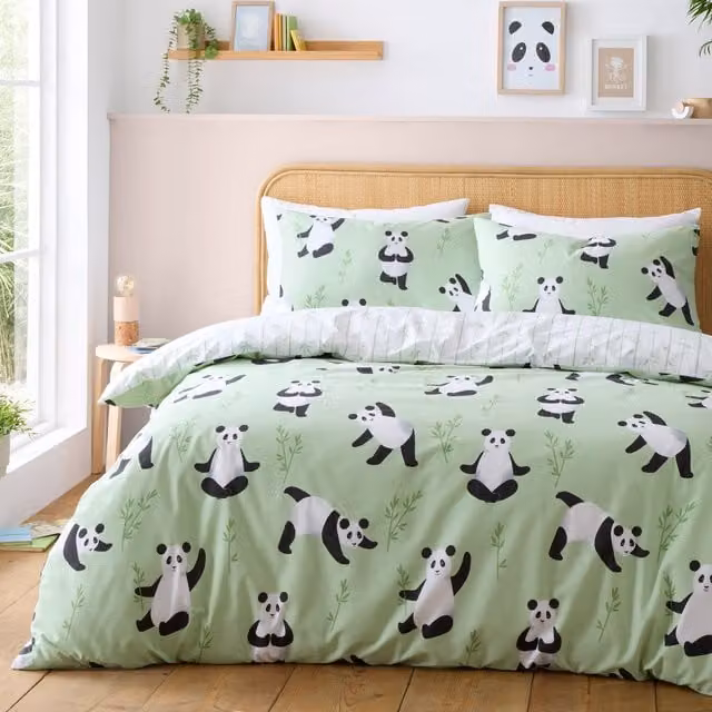Catherine Lansfield Panda Paws Reversible Green Childrens Duvet Cover Bedding Set