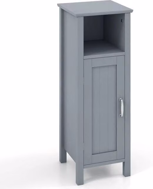 KORVIXA Grey Freestanding Narrow Bathroom Floor Cabinet with Hinged Doors and Internal Shelves – 1