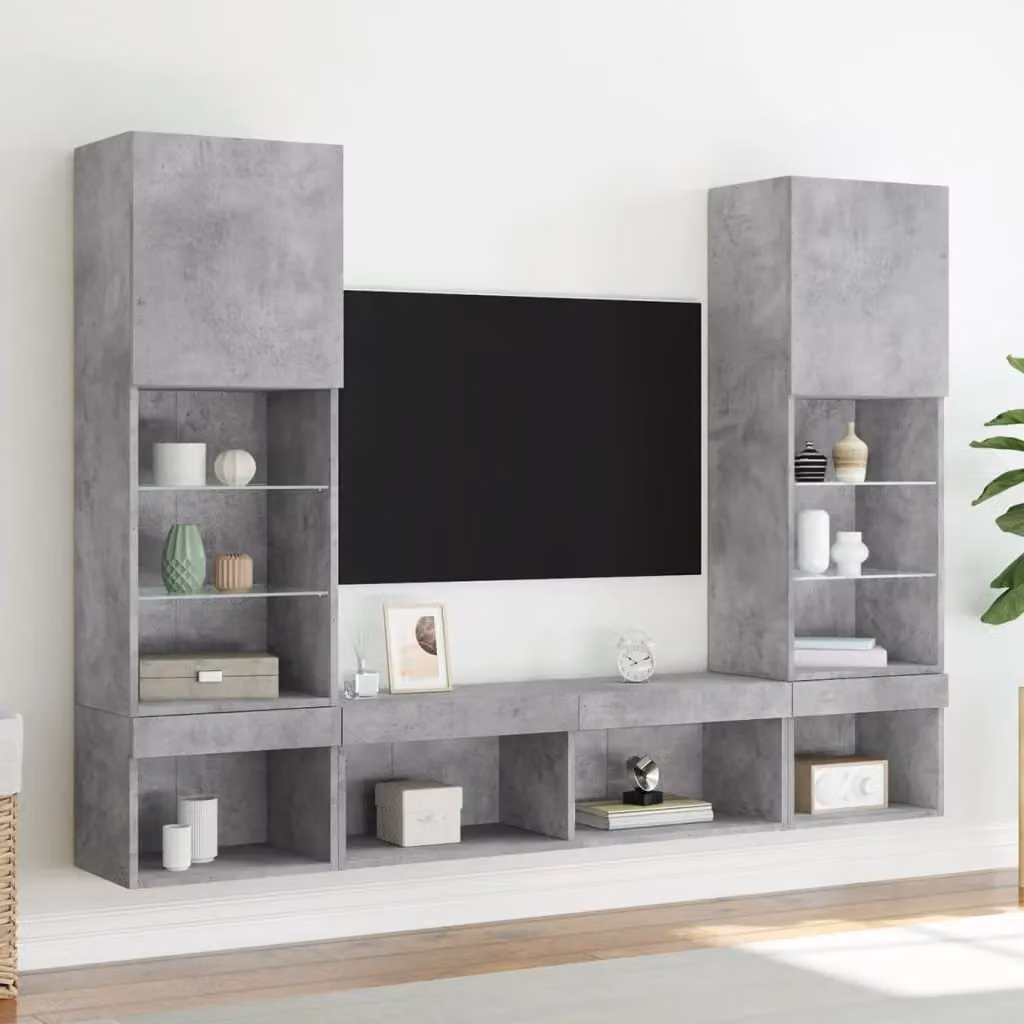 Berkfield Home 5 Piece Modern TV Wall Unit Set with Integrated LED Lighting in Matt Concrete Grey – 2