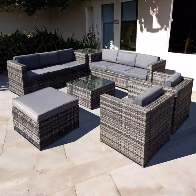 Oseasons Malta 9 Seat U-Shape Rattan Outdoor Furniture Set in Grey with Cushions