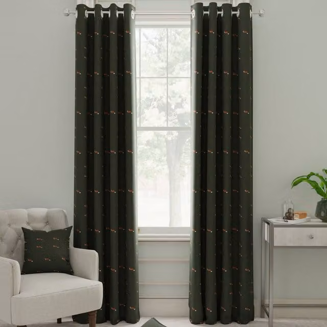 Sophie Allport Foxes Made to Measure Blackout Eyelet Curtains in Forest Green Cotton