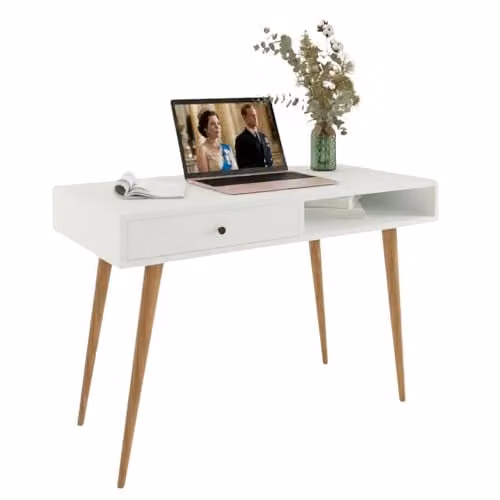 BIMOSSA White Writing Desk with Drawers and Open Shelf, W/D/H: 114 x 56 x 76 cm – 1