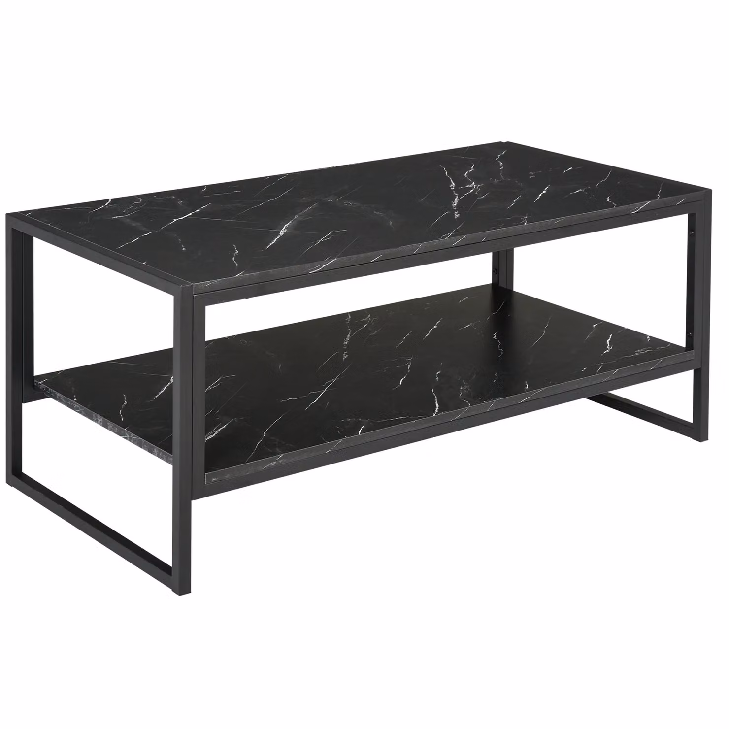 HOMCOM Elegant Two Tier Marble Effect Coffee Table with Black Metal Frame – 2
