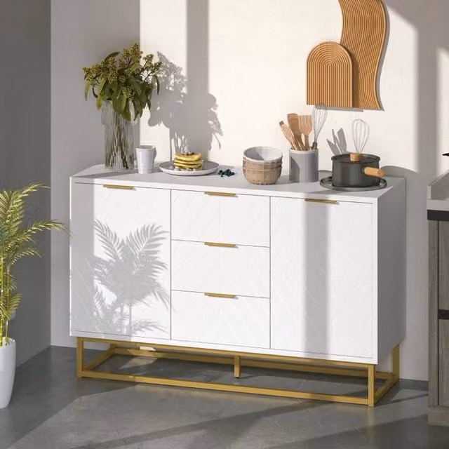 STILVORA Modern White and Gold Sideboard with Adjustable Shelves