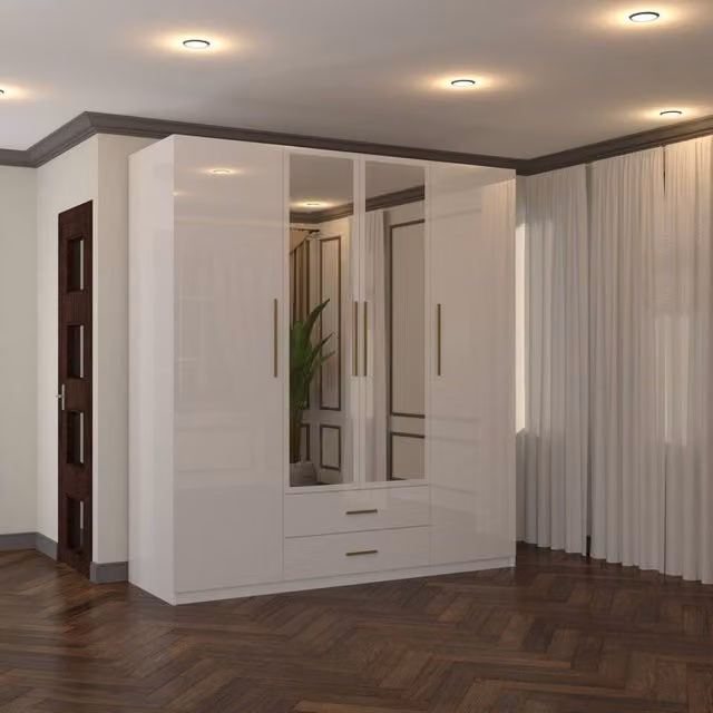 Sliding Wardrobes 4U Modern High Gloss 4 Door Mirrored Wardrobe with Gold Handles, Width: 160 cm, White – 1