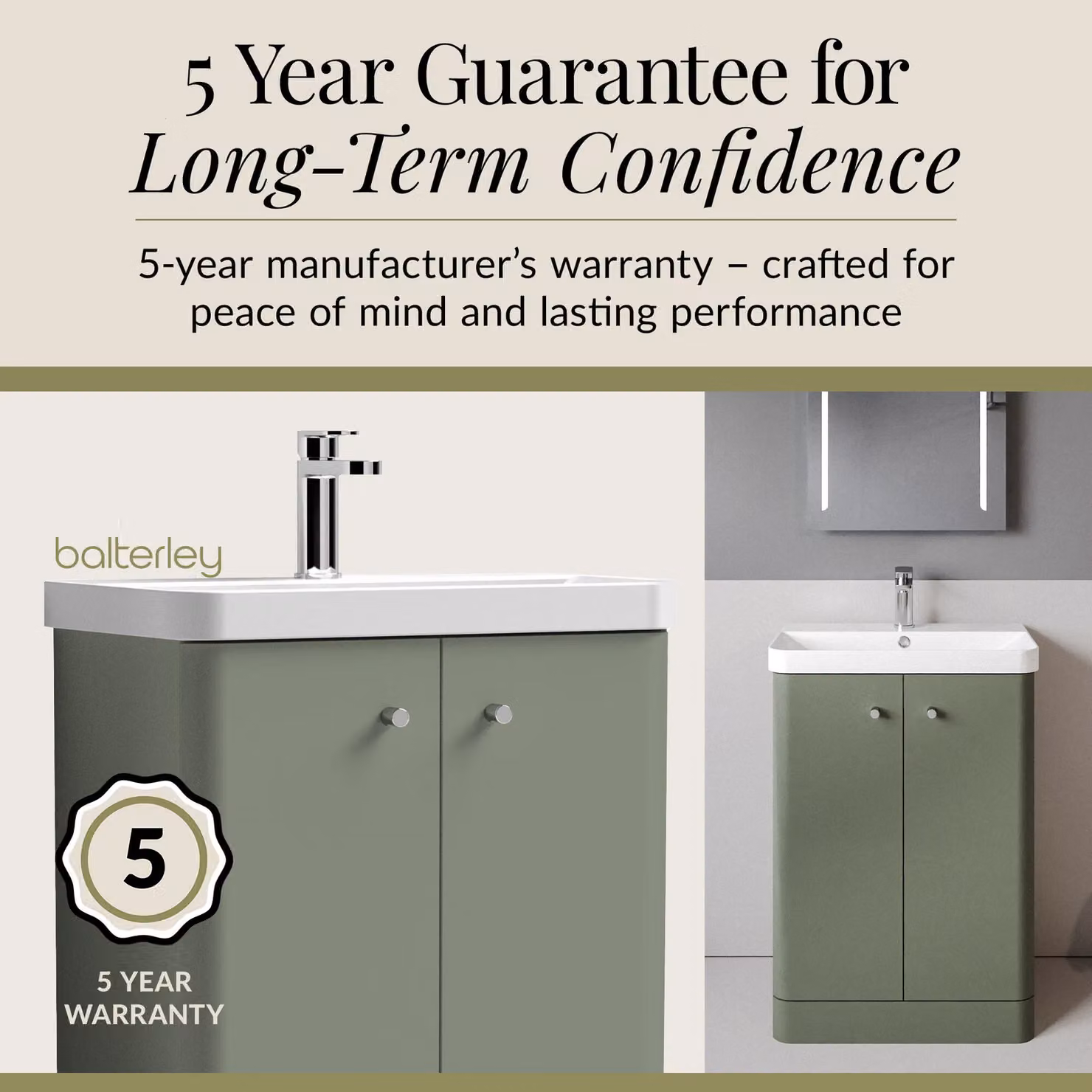 Balterley Modern 2 Door Floor Standing Bathroom Vanity Unit with Basin in Satin Green, Width: 60.5 cm – 3