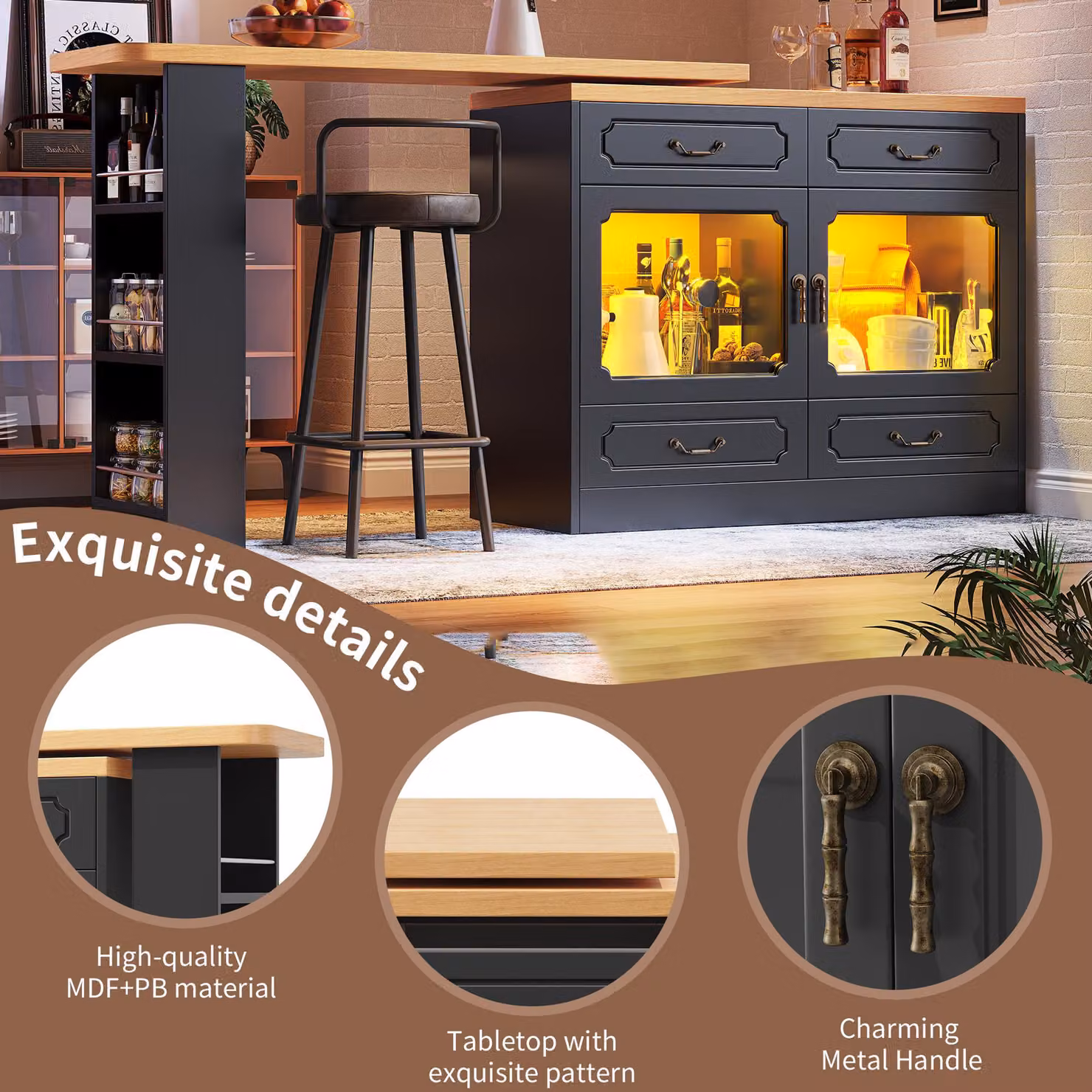 Aosom UK 360 Degree Rotating Bar Table with Extendable Kitchen Island, Side and Spice Rack, 4 Drawers, Black, W/D/H: 39 x 135-203 x 93 cm – 6
