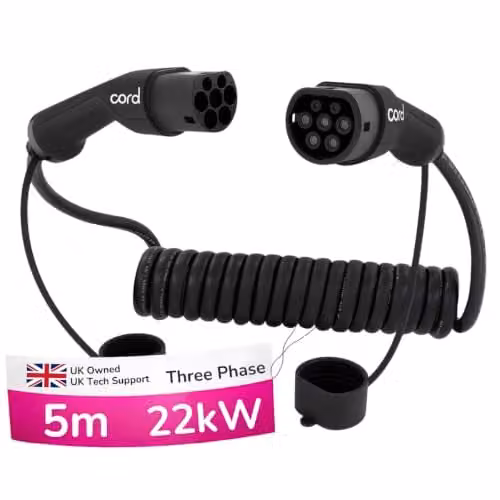 Cord Type 2 to Type 2 Three Phase EV Coiled Charging Cable, 32amp, 22kW, 5 Metre (3.5m Usable) – 1