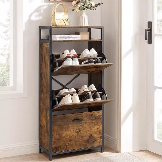 VASAGLE Brown Industrial Shoe Storage Cabinet with Folding Doors and Open Shelf – 1
