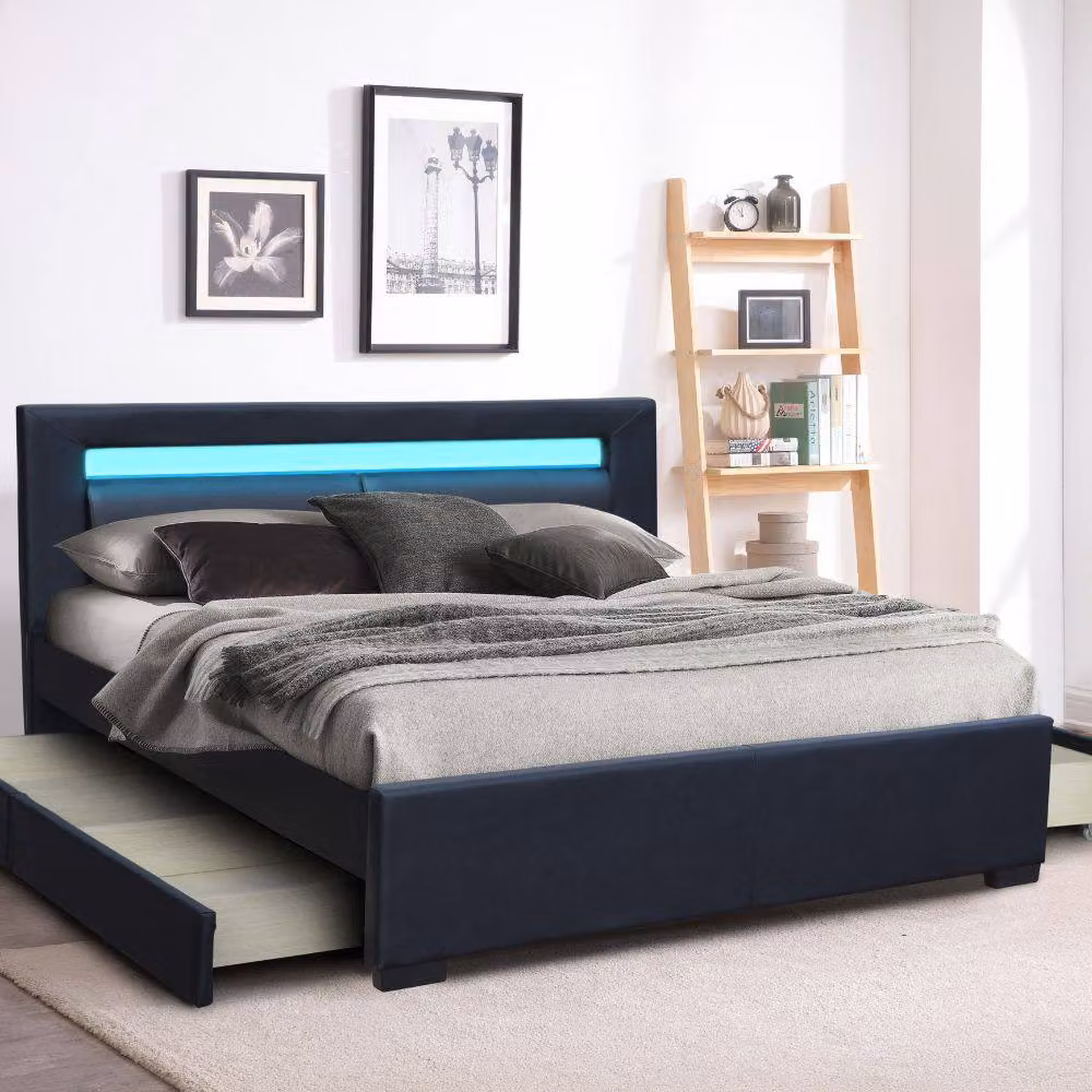 Modish Furnishing Tokyo LED Bluetooth Double Bed Frame in Black with 4 Drawers and Under-bed Lighting, W/D/H: 140 x 200 cm – 2