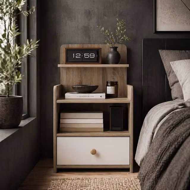 Wyld Haus Tahadi White and Natural Wood Effect Multi Storage Bedside Table