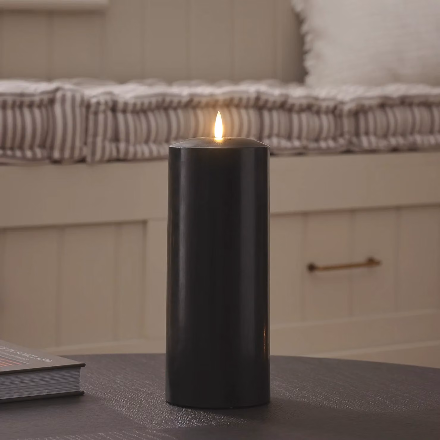 TruGlow Black LED Chapel Pillar Candle with Remote Control and Flicker Effect, Height: 25 cm