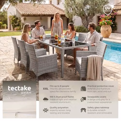 tectake Garden Dining Set with 8 Chairs and Glass Top, Powder Coated Aluminium Frame, Light Grey – 2