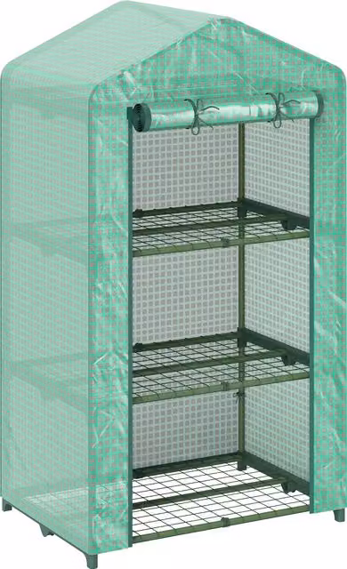 Outsunny 3 Tier Mini Portable Garden Greenhouse with Roll Up Door and Wire Shelves, Green, W/D/H: 69 x 49 x 125 cm