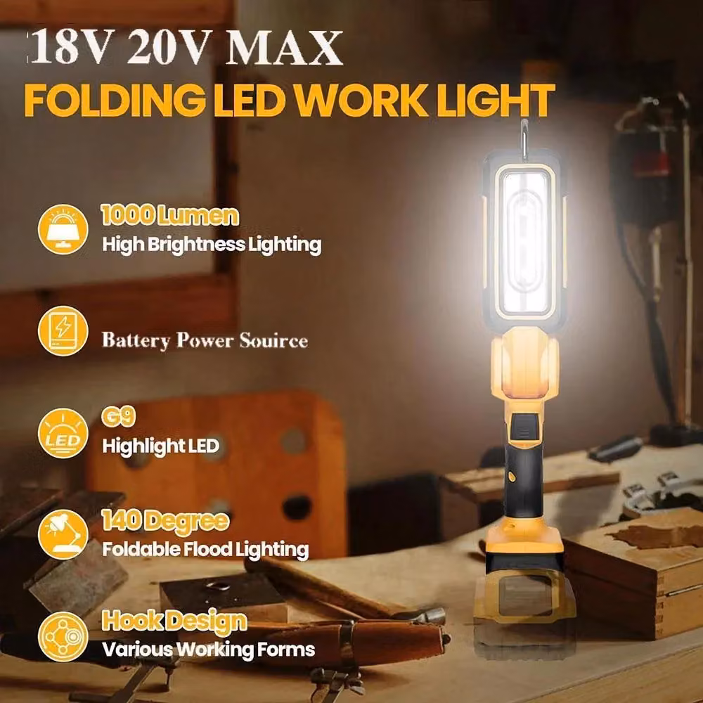 Hinsinc 140 Degree Rotating Handheld LED Work Light, Cordless Yellow Torch for Dewalt 18V 20V Batteries – 10