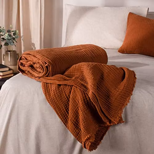 Riva Home Woven Cotton Muslin Throw with Fringes in Brown and Orange, W/D/H: 240 x 260 cm – 5