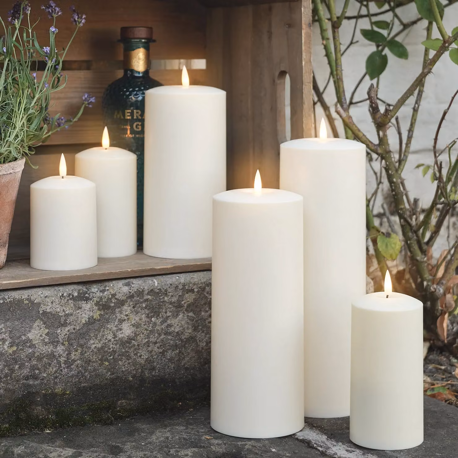 TruGlow 6 Pack White Waterproof Outdoor Pillar Candles with Remote Control, Flicker Effect and Timer
