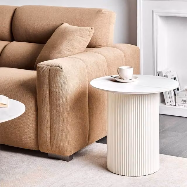 Wyld and Coco Noble Living Round Side Table with Beige Sintered Stone Top and Ribbed Base, Diameter: 50 cm – 1