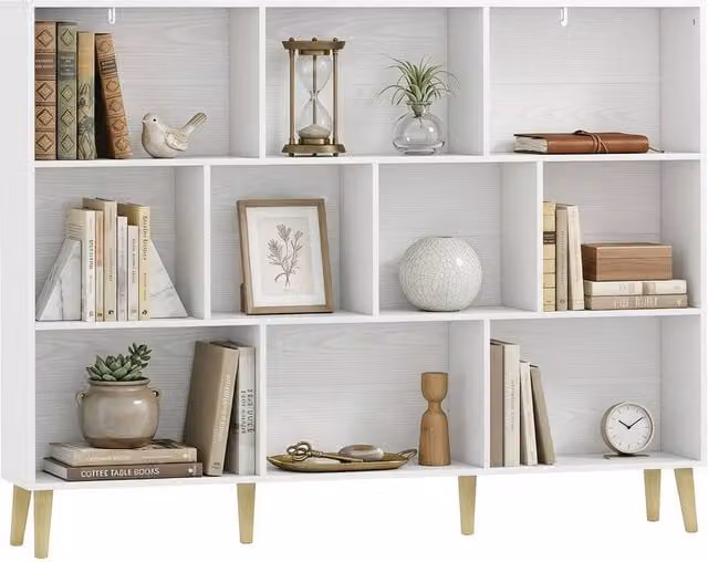 HOMCOM 3-Tier White Bookshelf with 10 Cubbies and Wood Legs
