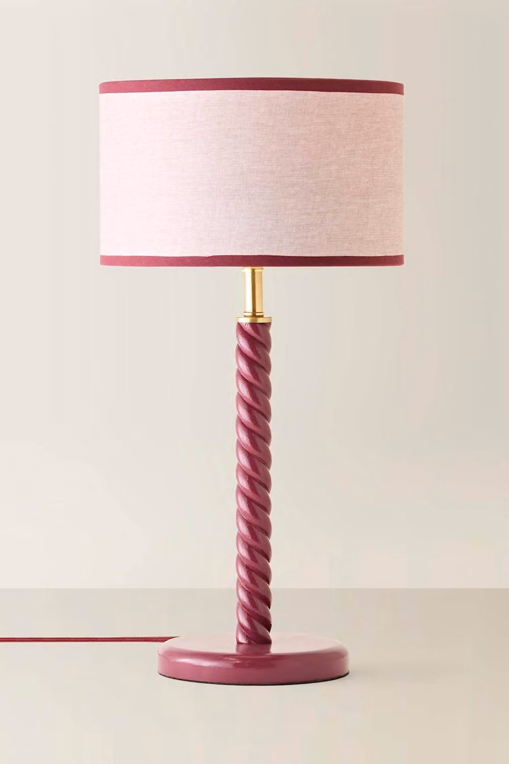 ValueLights Amara Wooden Twisted Table Lamp with Dark Pink Linen Drum Shade – 2