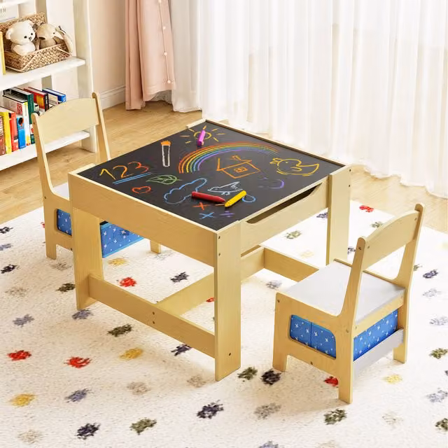 Costway Toddler Desk and 2 Chairs Set in Blue and Natural Wood Finish