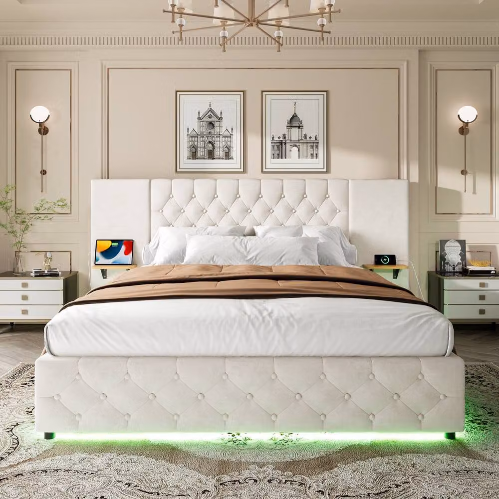 Matteo Modern Upholstered Velvet Bed Frame in Beige with LED Lighting, USB Charging Port and Lift-Up Storage, W: 140 cm, L: 200 cm – 3