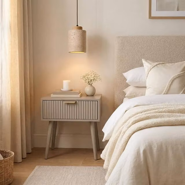 OHS Ribbed Wood Bedside Table with 1 Drawer, Natural Sand Finish – 1