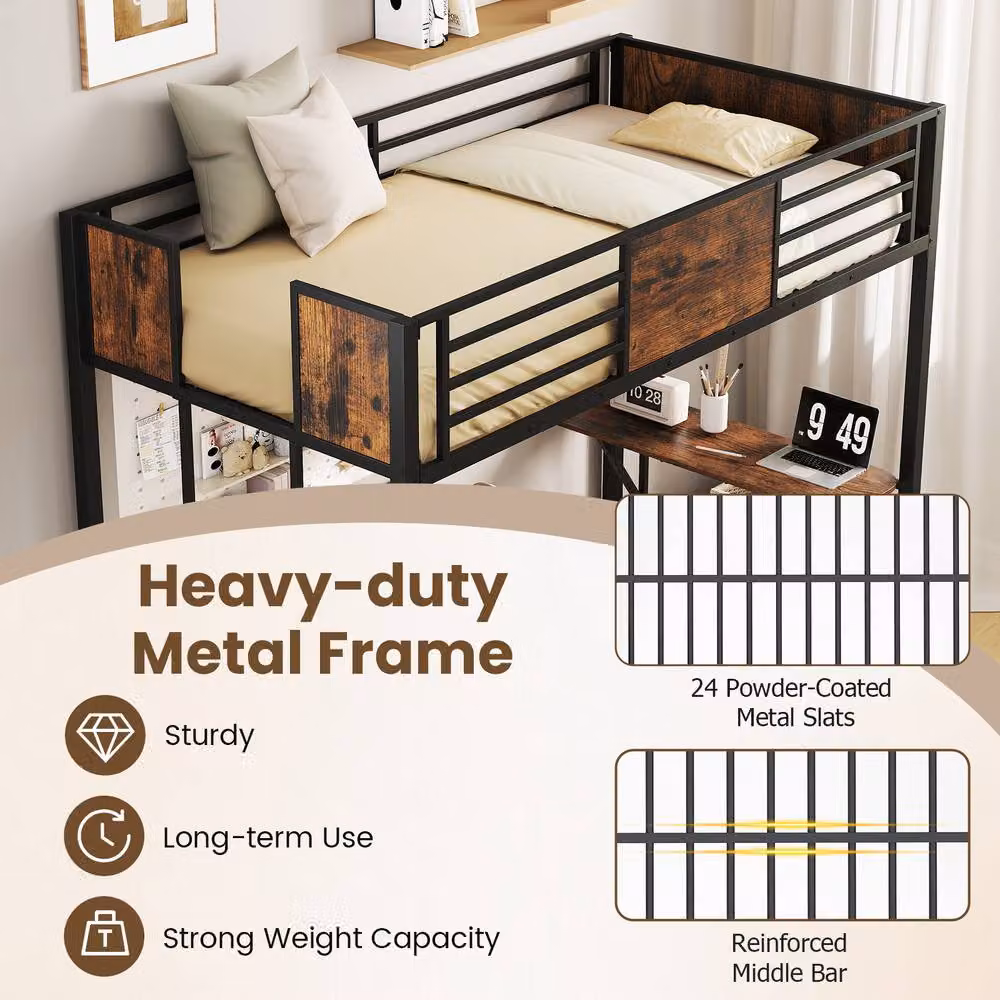 Costway Single Metal Loft Bed with Desk, Shelf and Safety Guardrail in Brown, W/D/H: 200 x 90 x 136 cm – 2