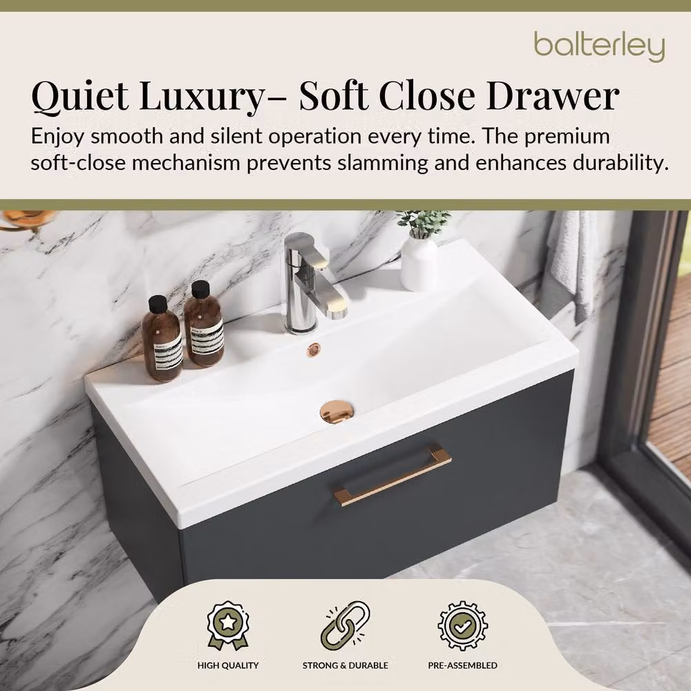 Balterley 800mm Wall Hung 1 Drawer Vanity Basin Unit in Dark Grey with Copper Handle – 3