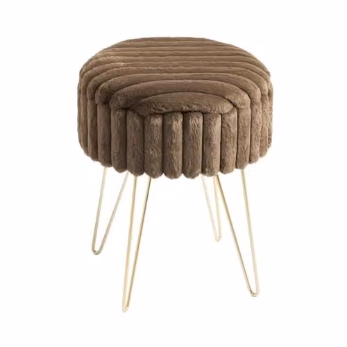 OHS Ribbed Faux Fur Vanity Stool with Gold Metal Legs and Removable Cover, Brown and Gold