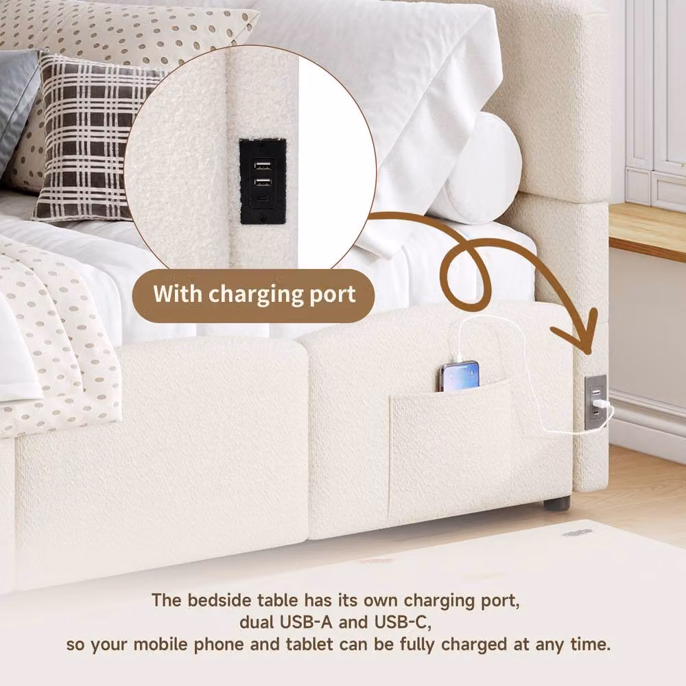 ModernLuxe Boucle Single Sofa Bed with Hydraulic Storage and L-Shaped Headboard in Beige – 2