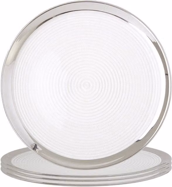 Orsina Ida Set of Four Silver Embossed Geometric Glass Coupe Charger Plates, Diameter: 32 cm