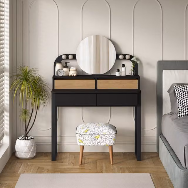 Decortie Lora 4 Drawer Dressing Table with Mirror and Metal Legs in Oak and Black