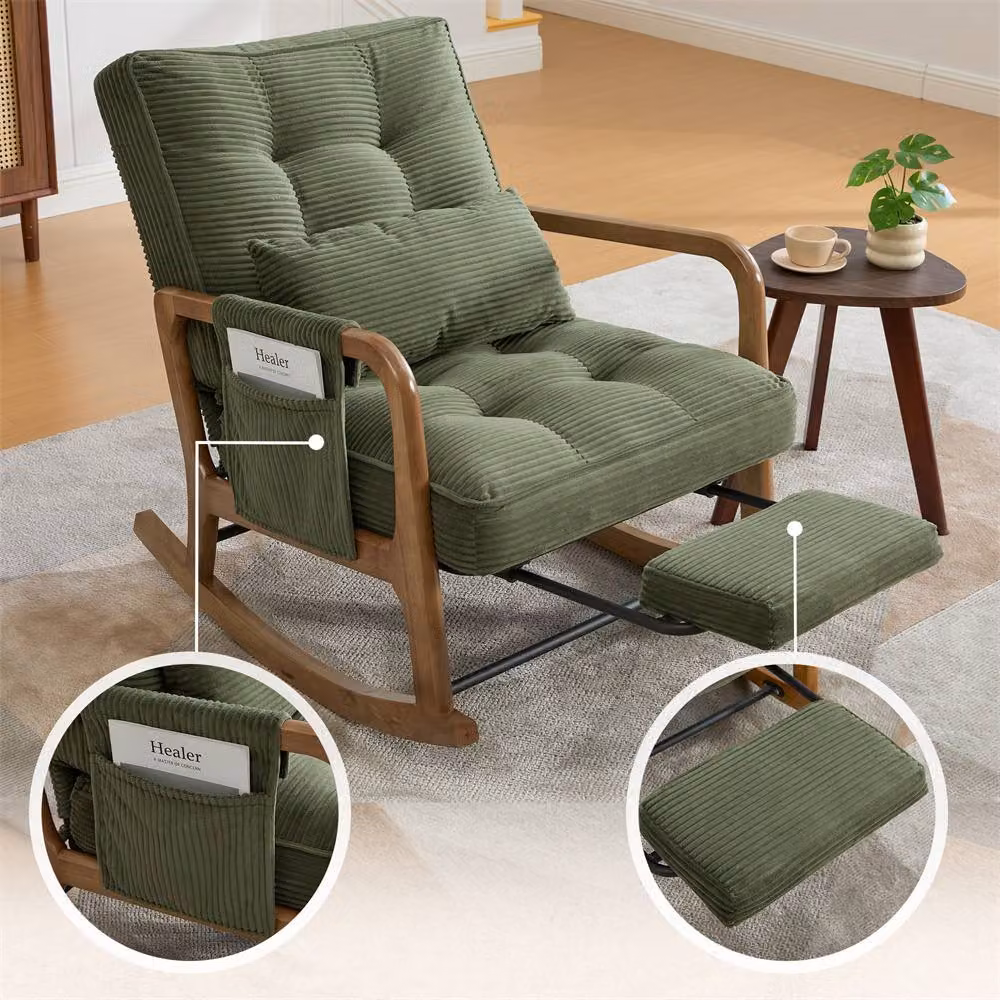 Direct Wicker Corduroy Upholstered Rocker Glider Chair with Footrest and Side Pocket in Green – 6