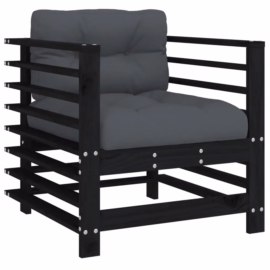 Berkfield Home Set of 2 Rustic Black Pine Garden Chairs with Fabric Cushions and Armrests – 3