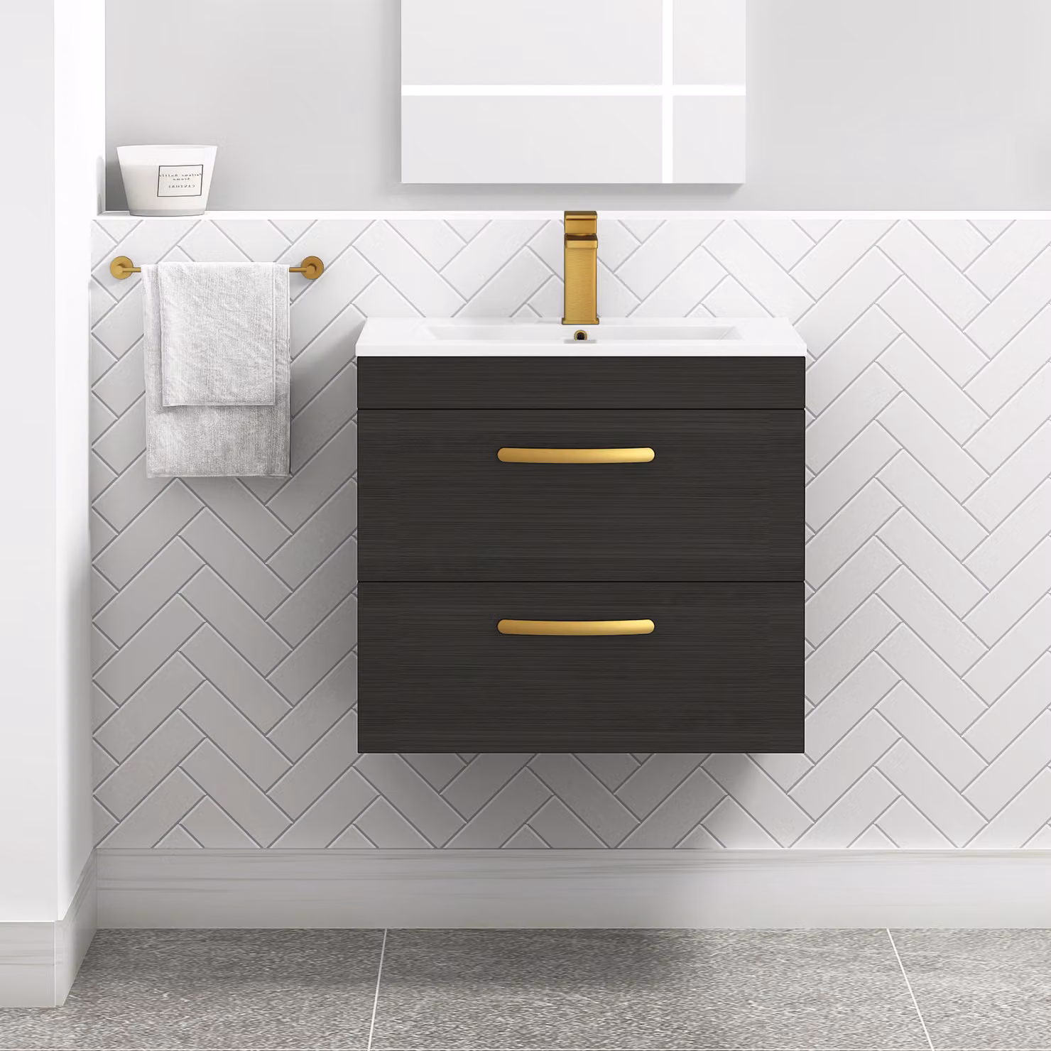 Royal Bathrooms Turin 600mm Wall Hung Vanity Unit in Charcoal Oak with 2 Drawers and Brushed Brass Handles