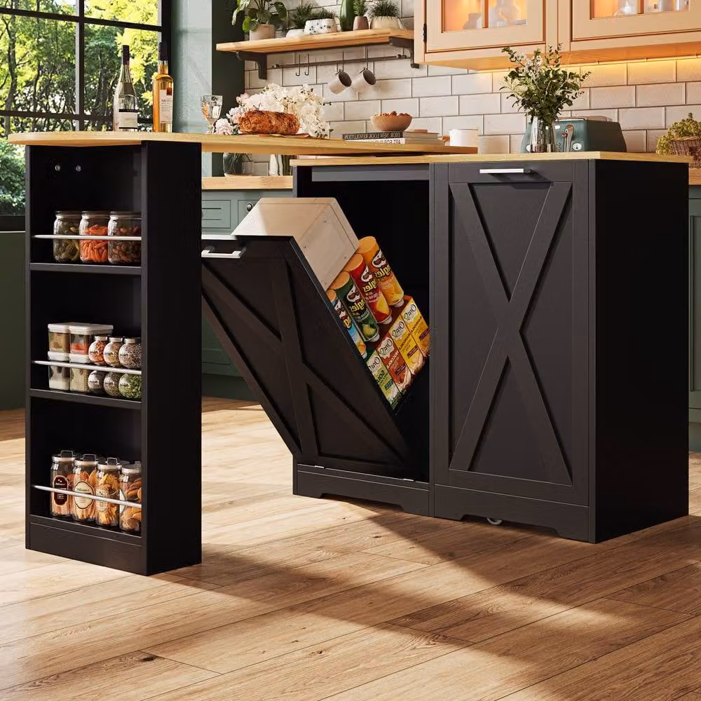 Merax Black Rotating Kitchen Island Bar Table with Tilt-out Bin Cabinet and Matt Wood Finish, W/D/H: 105.5 x 38 x 38 cm – 3