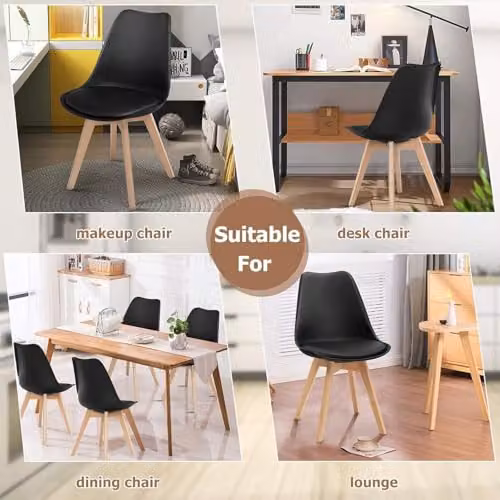 Life Interiors Tulip Dining Chair with Black Synthetic Leather Padded Seat and Wood Legs – 11