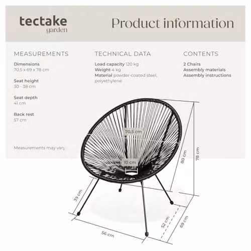tectake Set of 2 Retro Design Garden Chairs in Black – 3